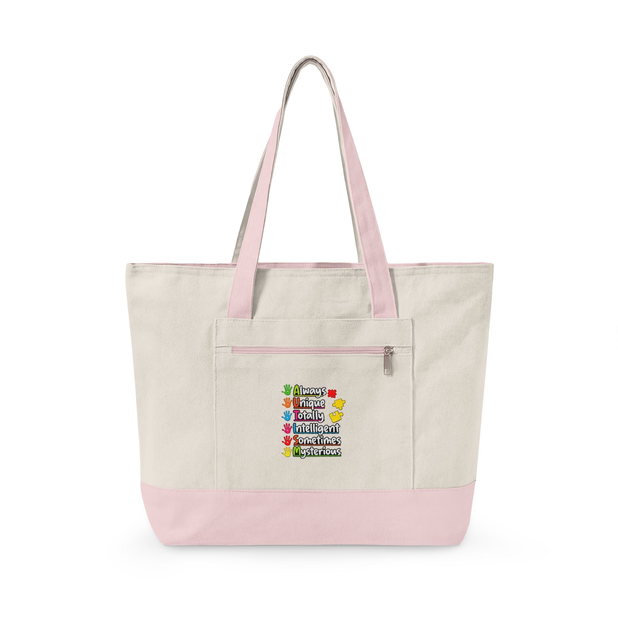 Zippered Canvas Tote — Colorful Floral Quote Design, Durable Pink-Bottom Shoulder Bag