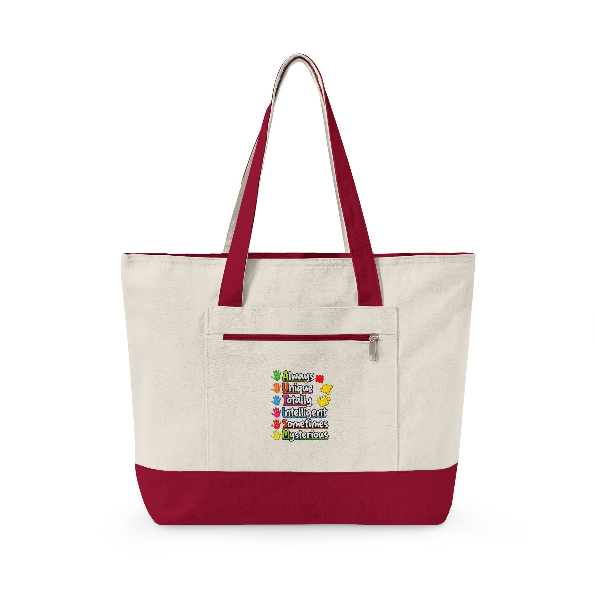 Zippered Canvas Tote — Colorful Floral Quote Design, Durable Pink-Bottom Shoulder Bag
